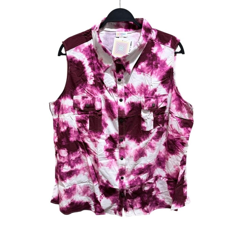 LuLaRoe Size 3XL Roxanne Pink Tie Dye Sleeveless Snap-Front Collared Shirt NWT